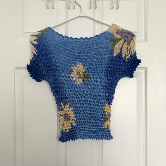 Vintage Sunflower Top XS/S Fit Stylish Stretchy Blue Yellow - Picture 3 of 3